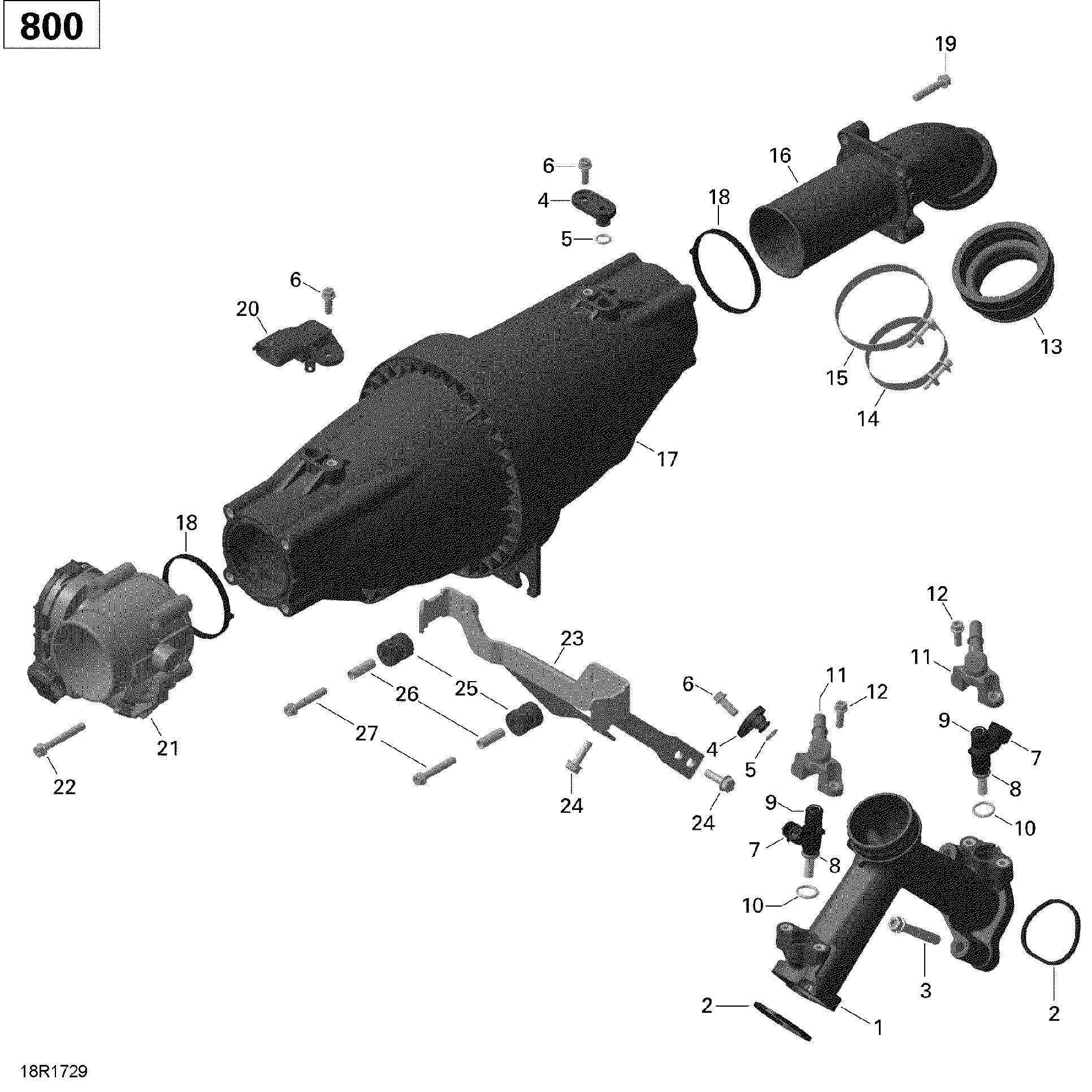 An Image of a Genuine Can-Am Parts Schematic Diagram showing the schematic - AIR INTAKE MANIFOLD AND THROTTLE BODY - 800R EFI