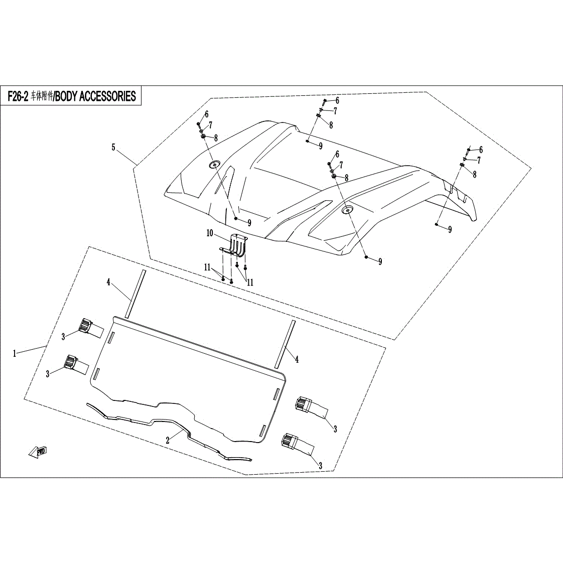 An Image of a Genuine CFMOTO Parts Schematic Diagram showing the schematic - TOP ROOF and WINDSHIELD KITS (U8-EX) - 2015 CFMOTO UFORCE 800