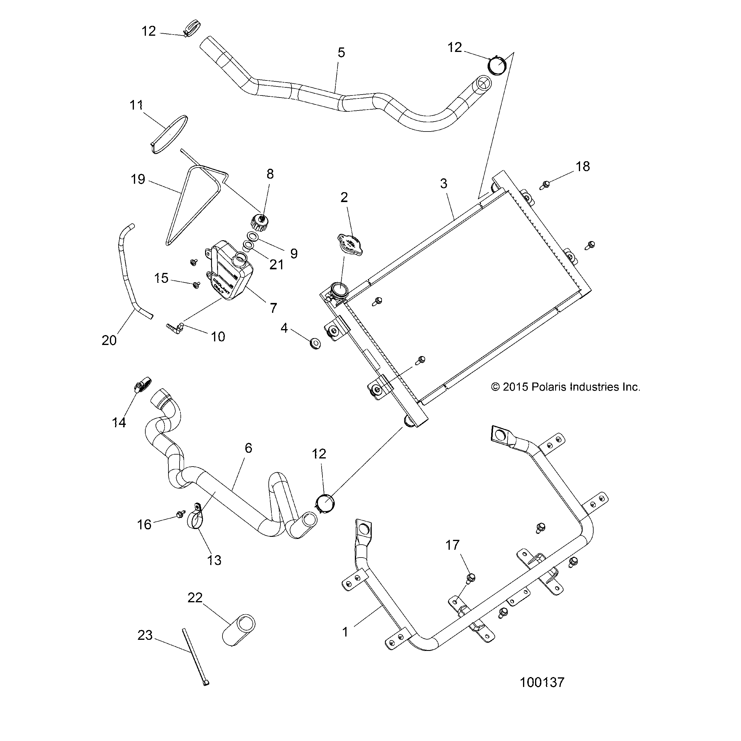 An Image of a Genuine Polaris Parts Schematic Diagram showing the schematic - ENGINE: COOLING SYSTEM RADIATOR - 2016 POLARIS SPORTSMAN 1000 HIGH LIFTER