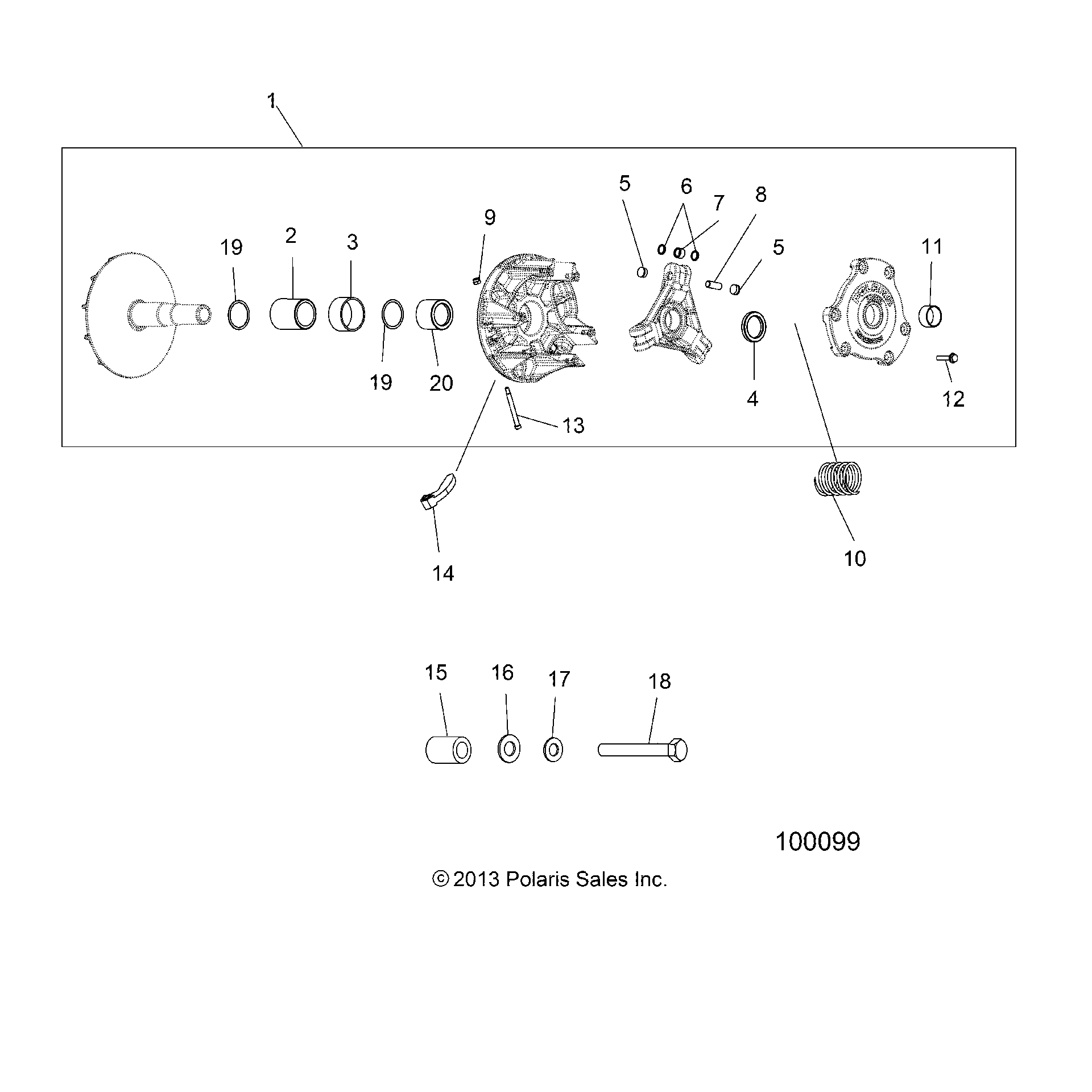 An Image of a Genuine Polaris Parts Schematic Diagram showing the schematic - DRIVE TRAIN: EBS PRIMARY CLUTCH - 2019 POLARIS SPORTSMAN 570 EFI