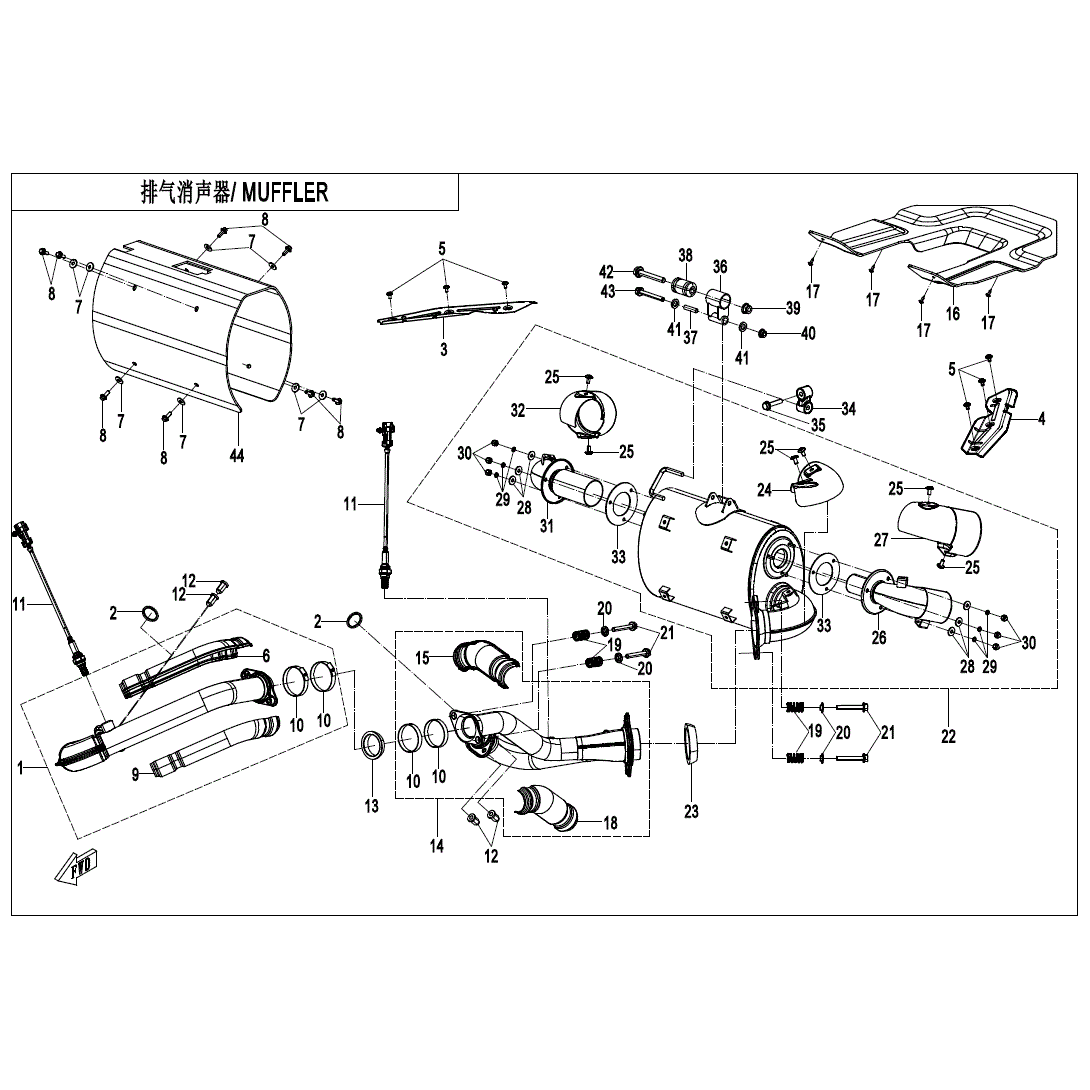An Image of a Genuine CFMOTO Parts Schematic Diagram showing the schematic - MUFFLER - 2023 CFMOTO ZFORCE 950 HO EX
