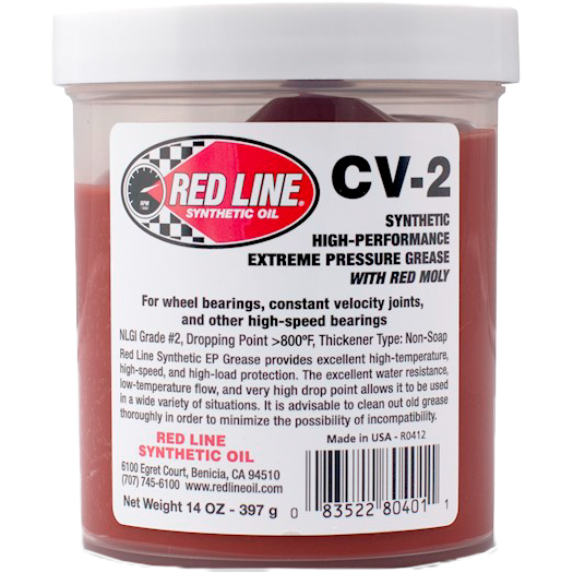 A 14 oz jar of Red Line CV-2 Grease W/ Moly, designed for wheel and high-speed bearings, offers synthetic protection with organic moly for extreme temperatures. The grease inside is a striking red color.
