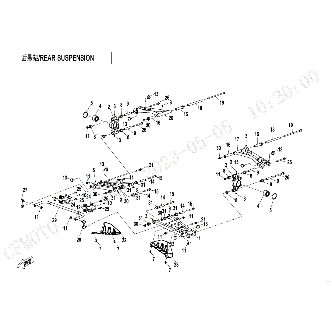An Image of a Genuine CFMOTO Parts Schematic Diagram showing the schematic - REAR SUSPENSION - 2024 CFMOTO UFORCE 1000