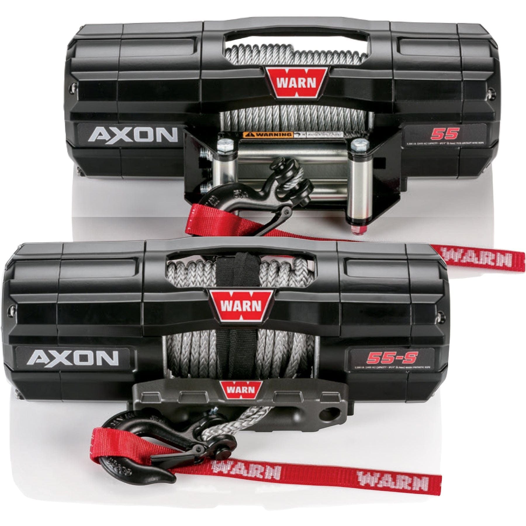 Two black 5500 lb. UTV/ATV Axon 55 Winches by Warn, each with wire rope, red WARN straps, visible hooks, rugged waterproof sealing; one has a roller fairlead and the other a hawse fairlead—both show AXON and 55-S labels.