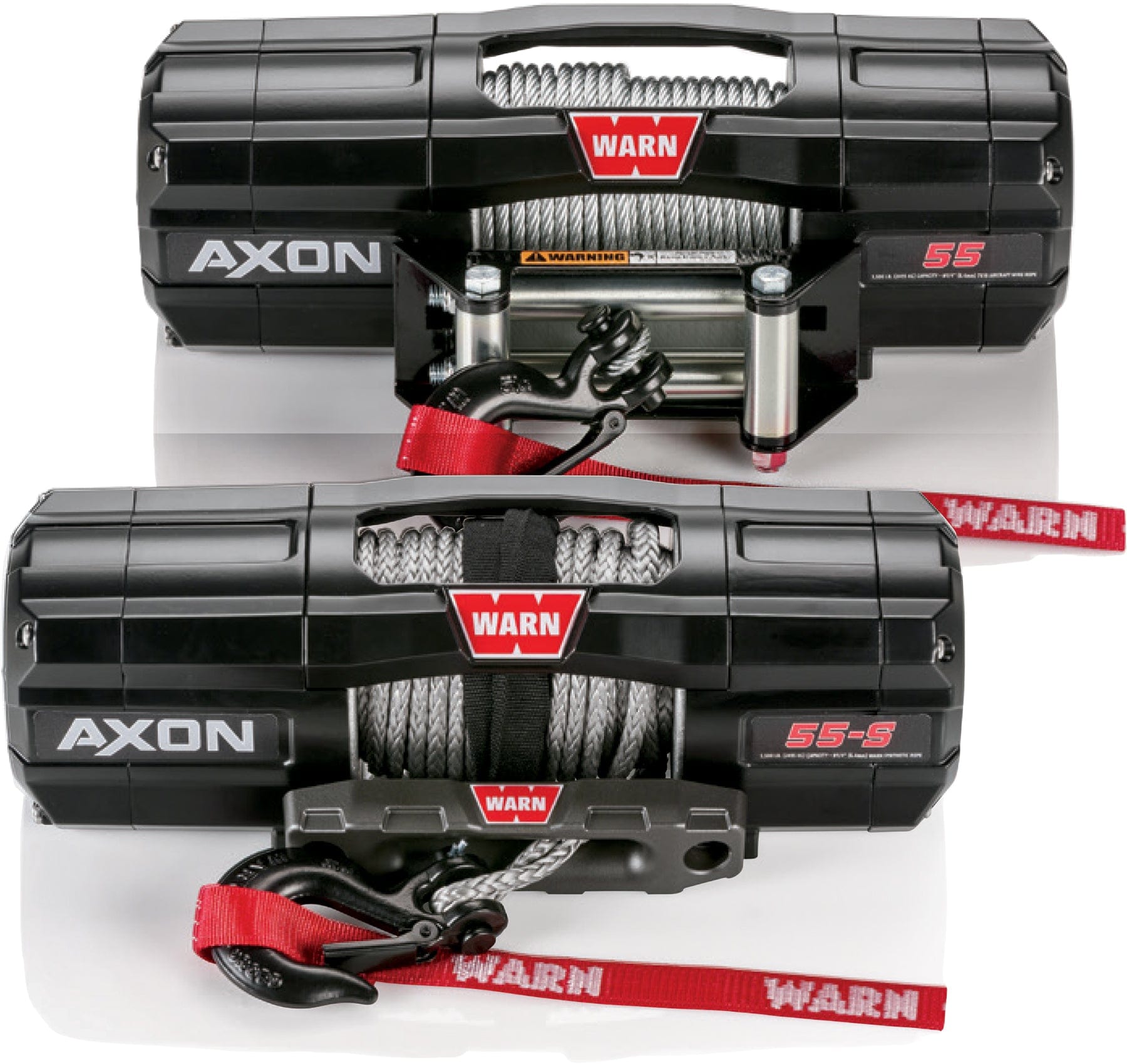 Two black WARN Axon 45RC 4500 lb. UTV/ATV winches with synthetic rope and red WARN-branded straps are shown on a white background, each featuring different mounting plate styles.