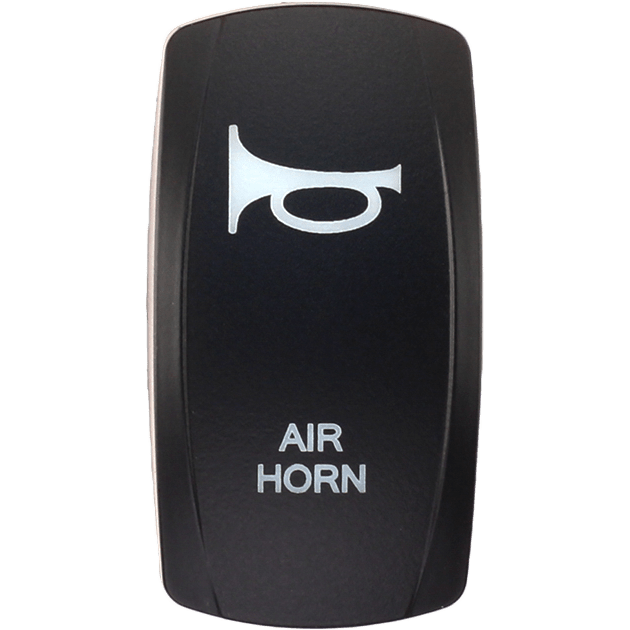 The Dash Switch Rocker Face Air Horn by XTC Power is a black switch featuring a white horn icon above the words “AIR HORN,” showing it is used to activate an air horn.