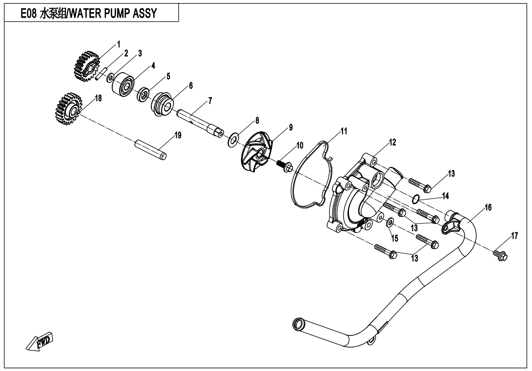 Exploded diagram of a water pump assembly with labeled parts—gears, seals, shaft, pump housing, cover, bolts, and pipe. Get the Water Pump Cover (Replaces 0Jwa-080006-10000) by CF Moto at Witchdoctors.com for your repair needs.