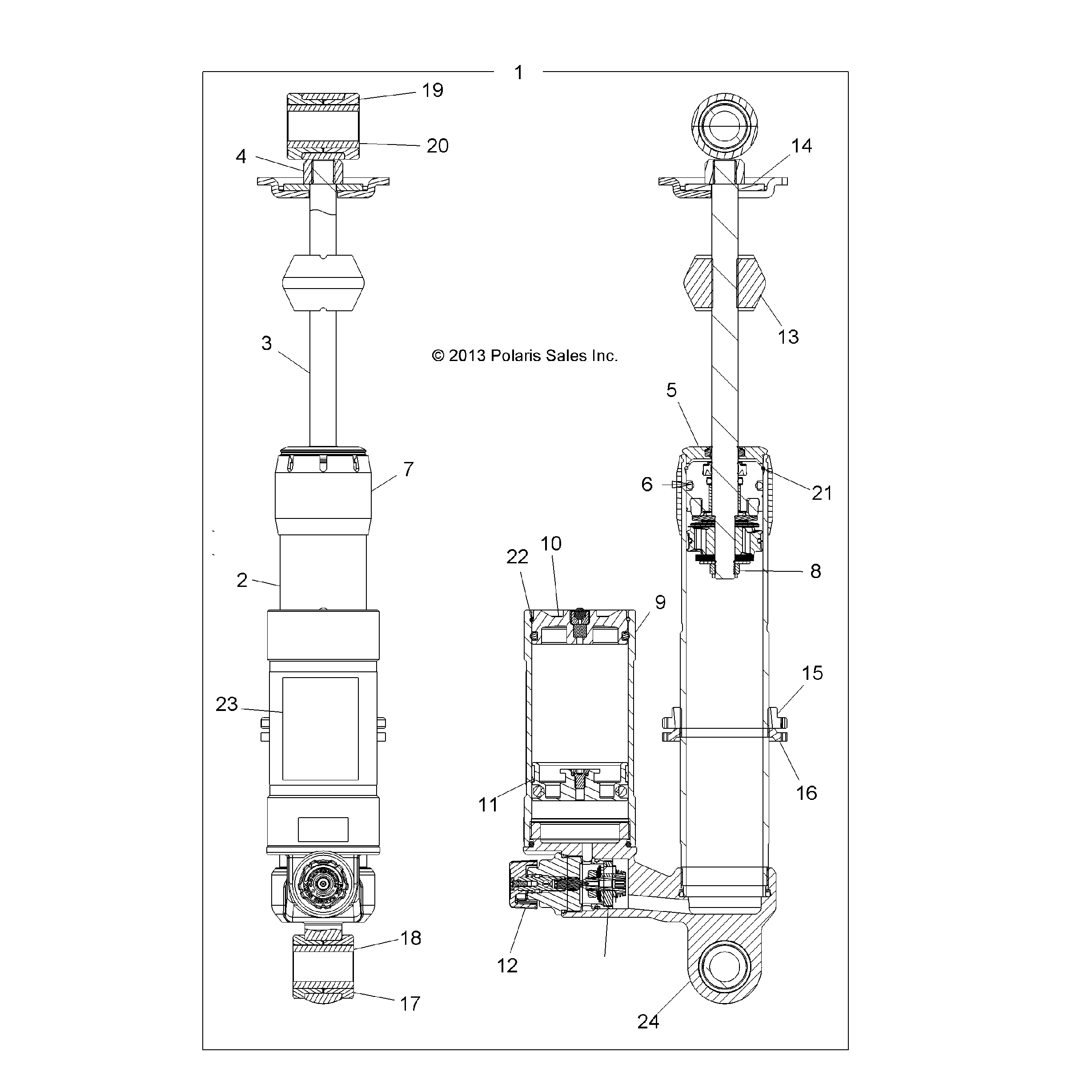 An Image of a Genuine Polaris Parts Schematic Diagram showing the schematic - SUSPENSION: SHOCK FRONT - 2015 POLARIS SPORTSMAN 1000 XP