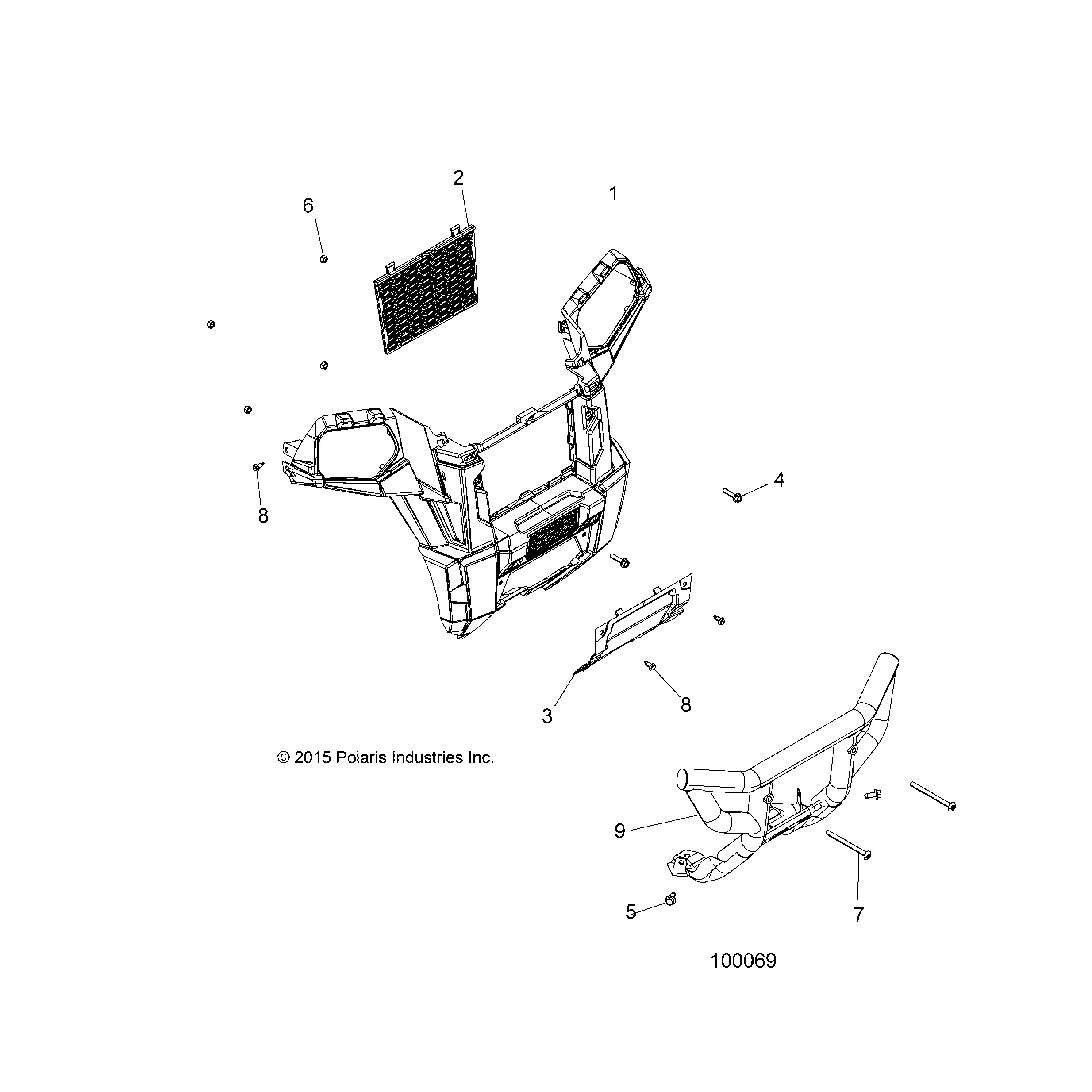 An Image of a Genuine Polaris Parts Schematic Diagram showing the schematic - BODY: FRONT BUMPER - 2016 POLARIS SCRAMBLER XP 1000