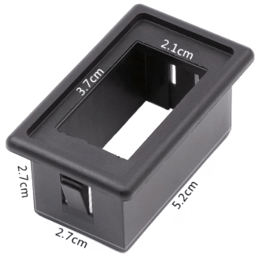 The Snap-In Switch Adapter 3 Pack by Open Trail features a rectangular black plastic panel mount enclosure with a Carling-style switch opening (3.7 x 2.1 cm) and outer dimensions of 5.2 x 2.7 x 2.7 cm, labeled in white text on the image.
