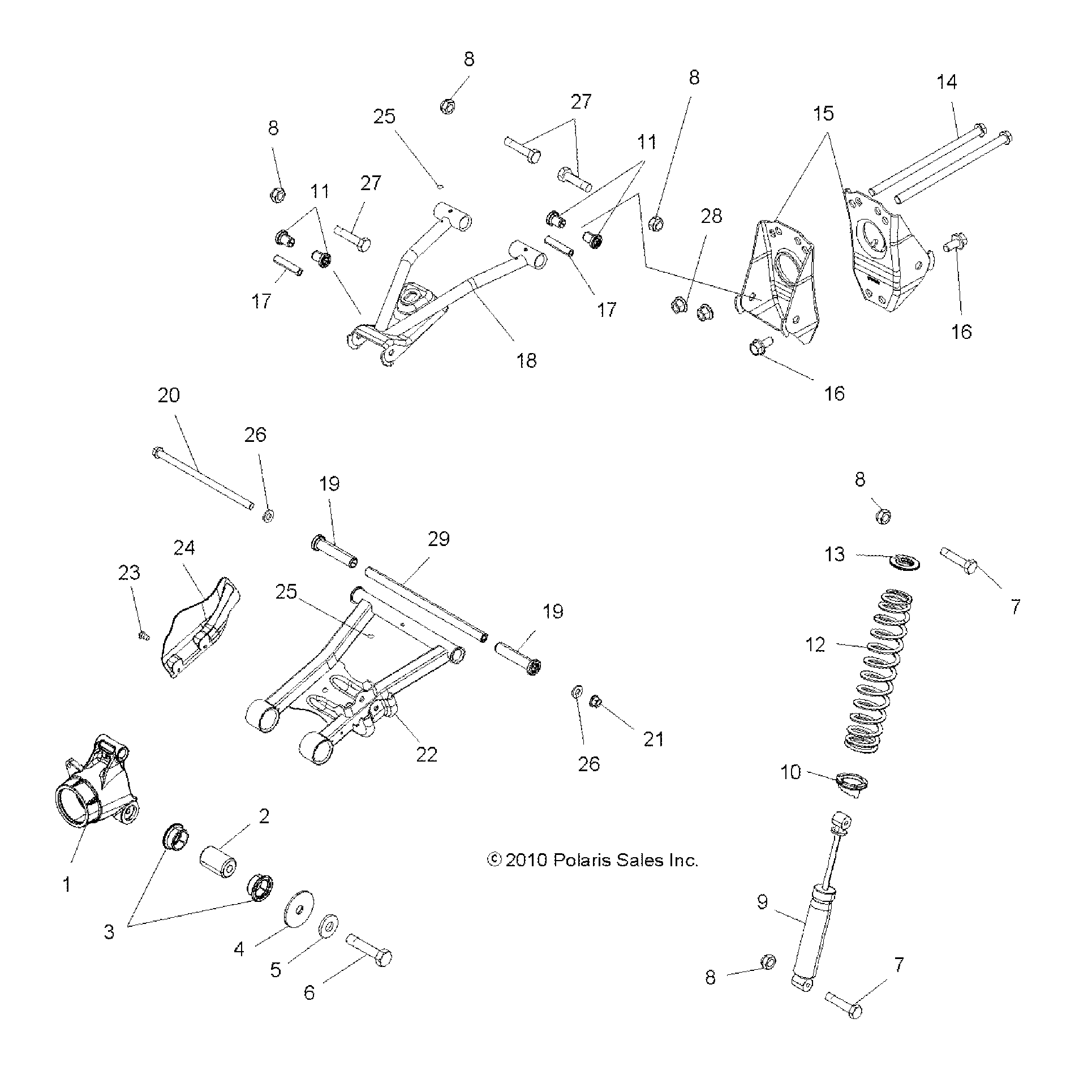 An Image of a Genuine Polaris Parts Schematic Diagram showing the schematic - SUSPENSION: REAR - 2015 POLARIS SPORTSMAN 570 EFI