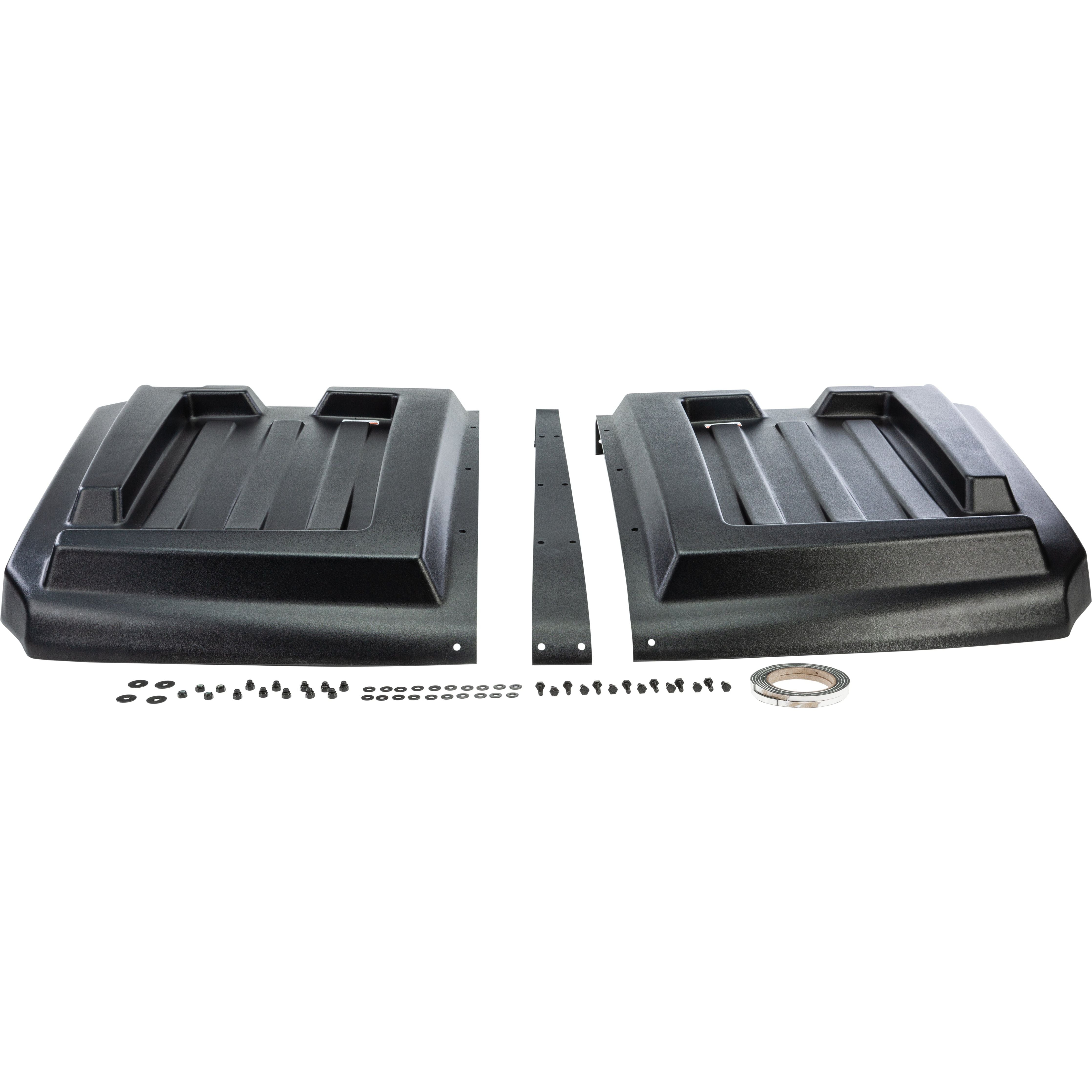 The Polaris Ranger 500/570/EPS/ETX Midsize/EV UTV Molded Roof by Open Trail includes two large black HDPE panels with raised sections, metal support strips, adhesive tape, screws, washers, and nuts—engineered for UV resistance and durability.