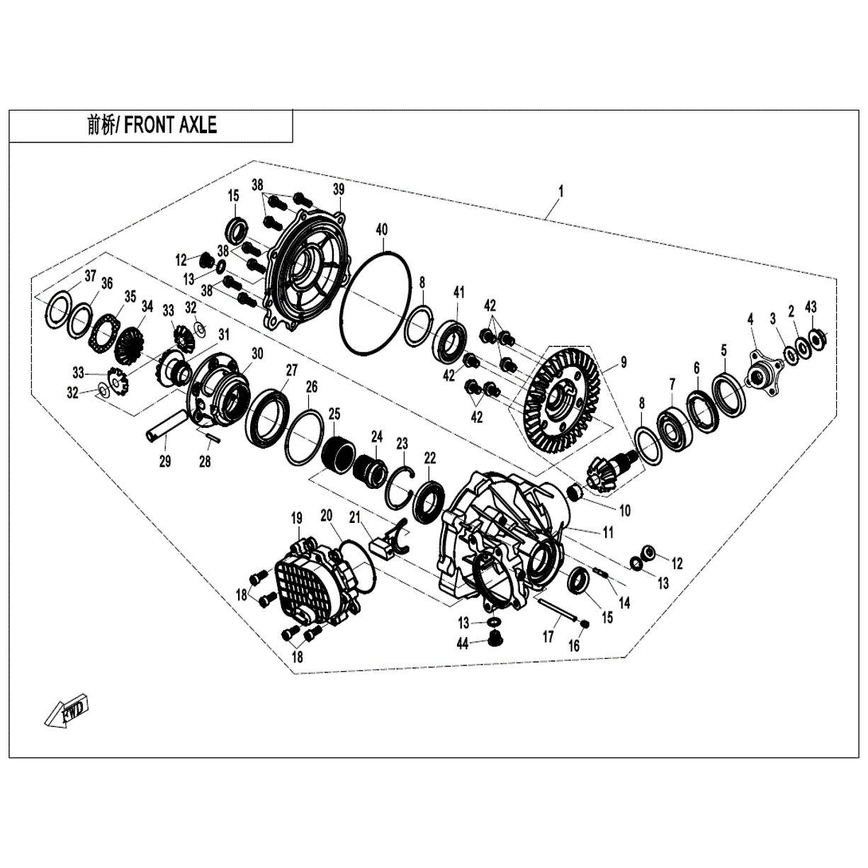 An Image of a Genuine CFMOTO Parts Schematic Diagram showing the schematic - FRONT AXLE - 2022 CFMOTO ZFORCE 950 Sport