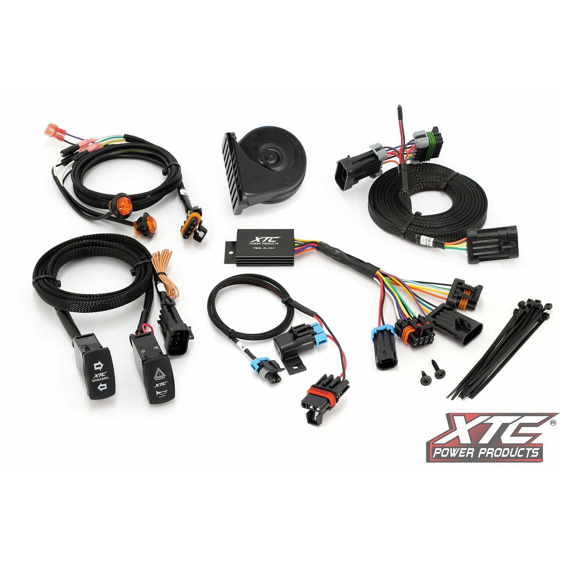 The Self Canceling Turn Signal Kit Pol by XTC Power is displayed with cables, connectors, switches, relay, automatic turn signal system, horn, and zip ties on a white background. The XTC Power Products logo is in the bottom right corner.