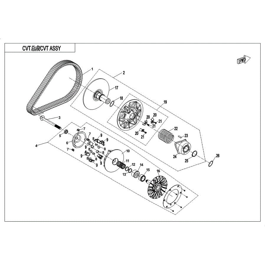 An Image of a Genuine CFMOTO Parts Schematic Diagram showing the schematic - CLUTCH & CVT ASSY. - 2019 CFMOTO UFORCE 1000