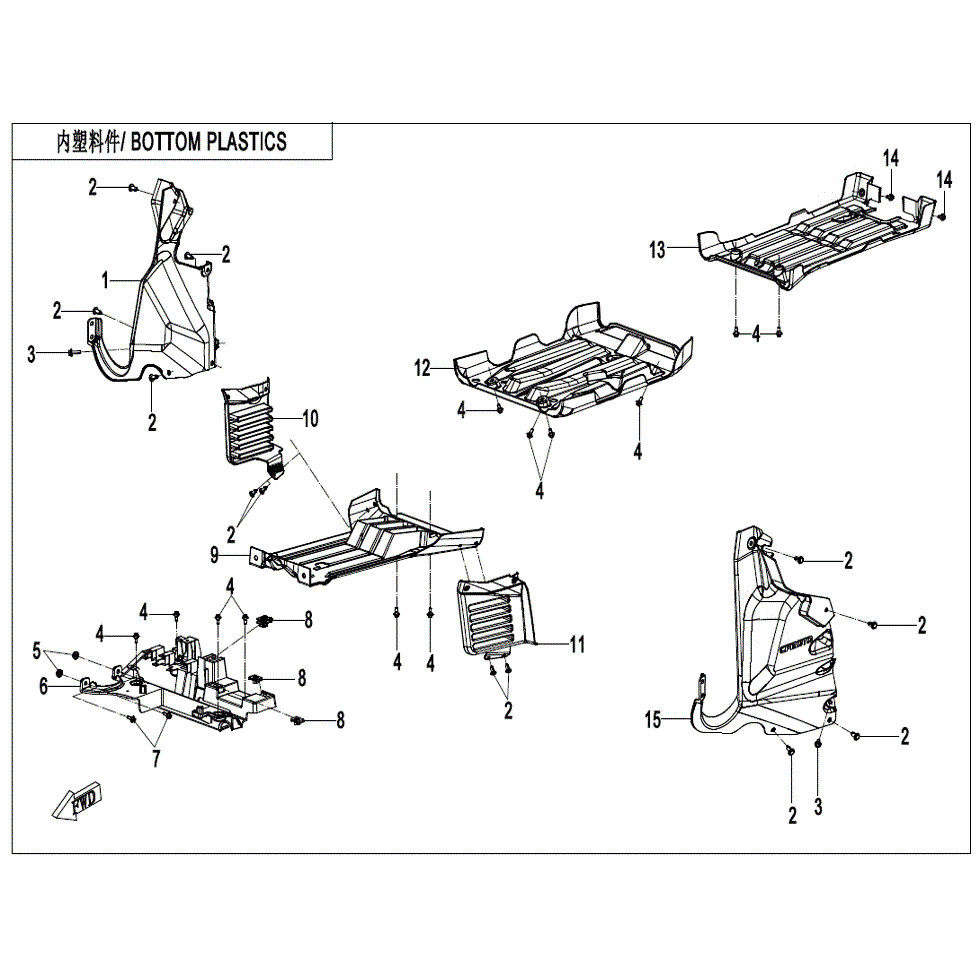 An Image of a genuine CFMOTO Parts Schematic Diagram showing the group - BOTTOM PLASTICS(2) - 2022 CFMOTO CFORCE 600
