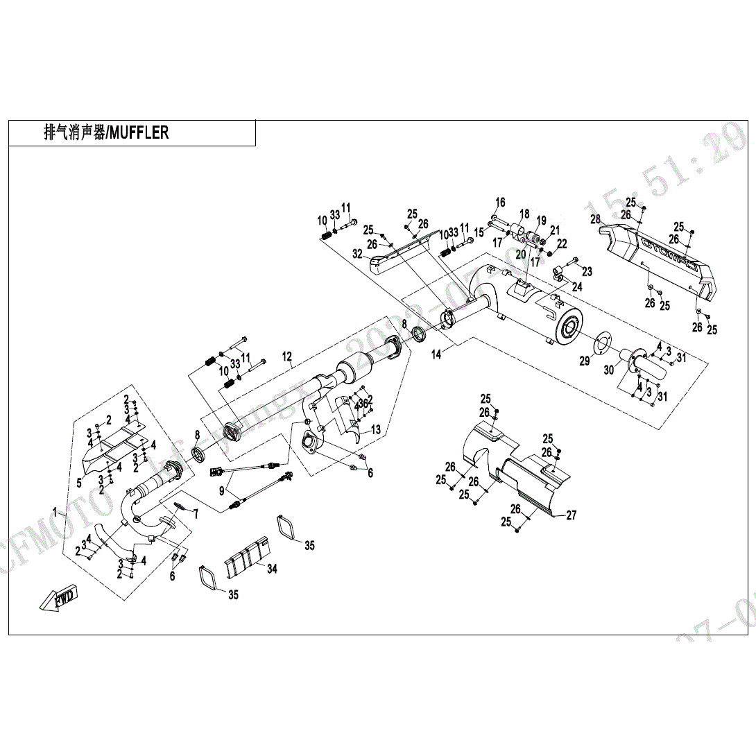 An Image of a genuine CFMOTO Parts Schematic Diagram showing the group - MUFFLER - 2024 CFMOTO CFORCE 1000