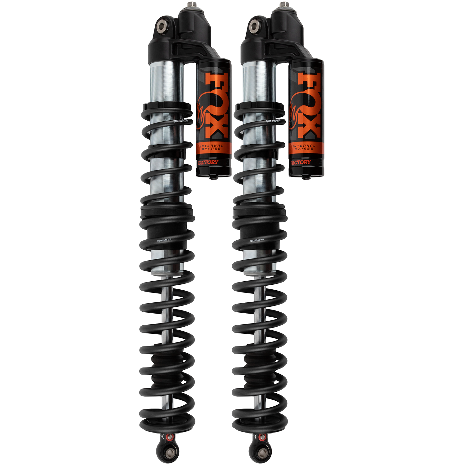 A pair of Can-Am Maverick X3 (2 Seat) (Front) 2.5 Internal Bypass Shocks by Fox, featuring black springs, orange FOX logos, and Position-sensitive Internal Bypass technology, displayed side by side on a plain background.