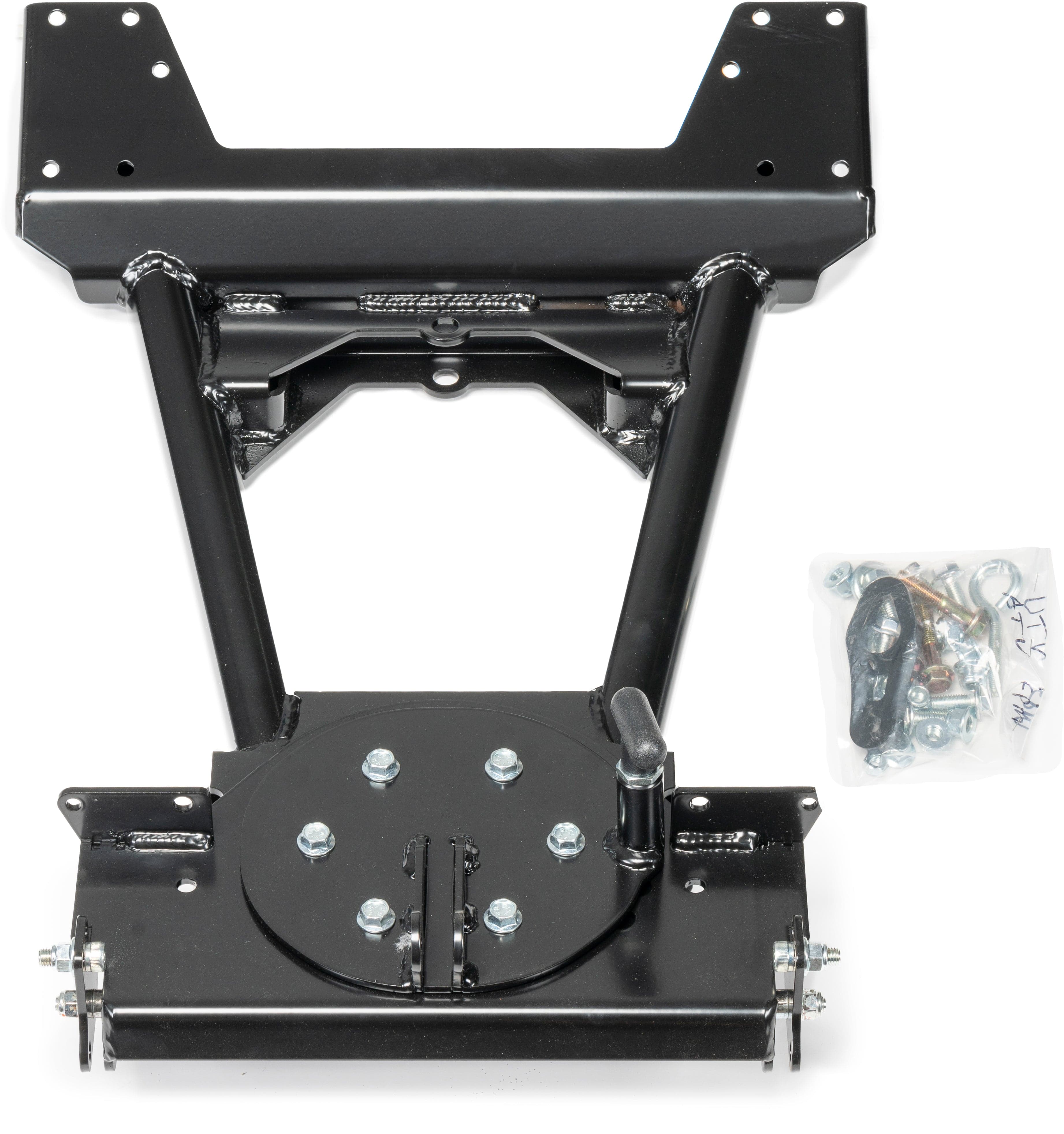 Black metal Provantage II UTV Front Mount Push Tube by Warn with multiple bolts, circular base, and angled supports. Displayed beside a plastic bag of screws and small parts on a white background.
