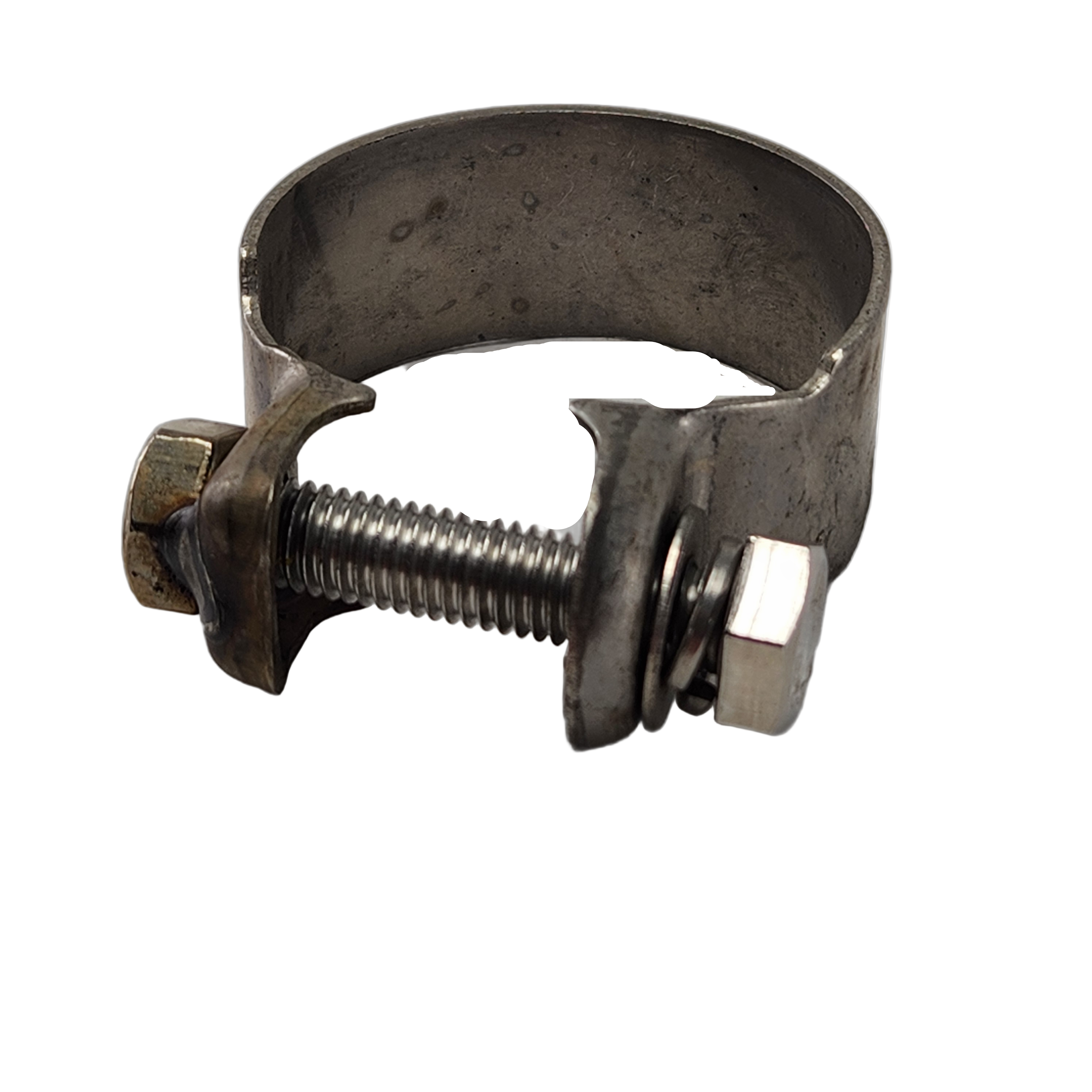 Clamp 1 (Replaces A000-020500-0B00) by CF Moto is a circular metal UTV clamp with bolt, nut, and washer for securing hoses or pipes—perfect as an ATV off-road accessory or OEM replacement part.