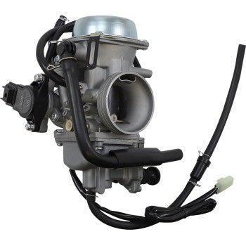 Metallic silver Honda carburetor with black hoses and electrical connectors for offroad vehicles.