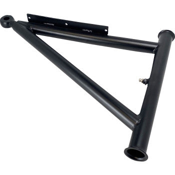 Black metal A-arm front lower left hand suspension component with triangular tubular frame and mounting points.