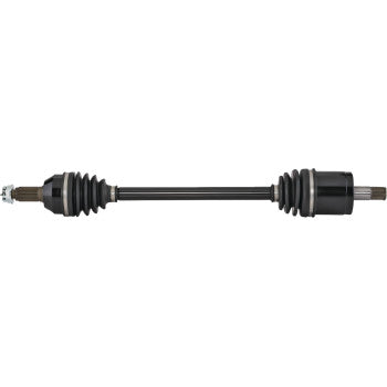 Black metal rear right axle shaft with rubber protective boots on both ends for offroad UTV use.