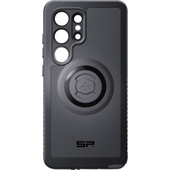 The Xtreme SPC+ Case S25 Ultra by Sp Connect is a black smartphone case with multiple camera cutouts, a central circular magnetic mount, SP logo at the bottom, MagSafe compatibility, and a sleek design ideal for wireless charging.
