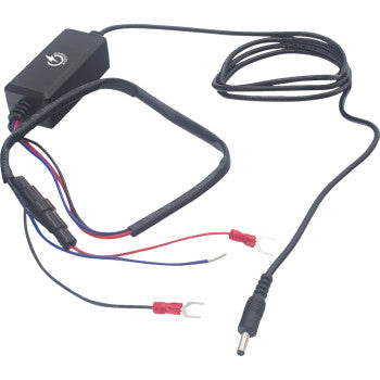 Black power cable with inductive phone mount quick disconnect, featuring red and blue wire connectors and a male DC plug.
