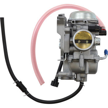 Silver metal Arctic Cat replacement carburetor with attached black and pink fuel hoses.