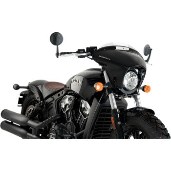 A black cruiser-style motorcycle with a Fairing - Short Screen by Puig Hi-Tech Parts, round headlight, side mirrors, brown leather seat, and exposed engine is displayed from a front-side angle against a white background.