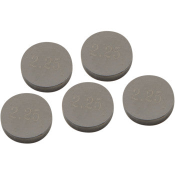 Five gray Valve Shim 9.48 mm x 2.25 mm discs by Prox are arranged in a loose cluster, each with "2.25" engraved to show max durability. This 5 pack of precision-machined metal shims is displayed on a white background.