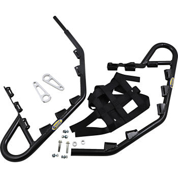 Nerf Bars YZF Black by Motorsport Products shown with EZ-fit clamp brackets, two silver mounting brackets, bolts, black webbing net with ATV tabs, and hardware—all displayed on a white background.