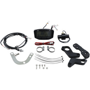 Striker Digital Gauge by Trail Tech with waterproof design includes speedometer, odometer, wiring, mounting brackets, clamps, zip ties, connectors, and screws—all neatly arranged on a white background.