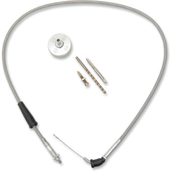 The Yamaha Carburetor Cap Kit Polished by Moose Offroad includes a stainless steel braided cable with metal fittings, a round carburetor cap, two drill bits, and a small metal fastener on a white background.