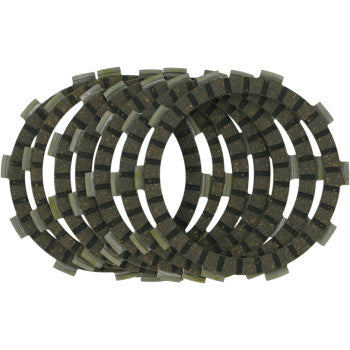 The Clutch Kit by Ebc includes five circular friction plates with notched edges and a textured dark finish, arranged in a staggered stack on a white background—engineered for heat resistance and reliable performance.