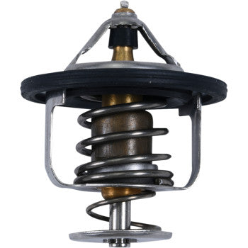 A close-up of the Polaris Replacement Thermostat by All Balls, featuring a metal body with coiled spring, brass center, and O-ring gasket for precise OEM fit and reliable engine temperature regulation.