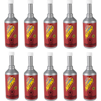 Ten identical 16 fl oz Nitro Additive bottles by Klotz Oil, packaged as a case of 10, are arranged in two rows on a white background. The red bottles with silver caps feature labels highlighting Klotz Nitro as a powerful horsepower booster.