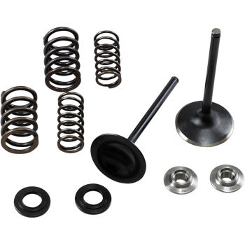 The Honda TRX R / ER Valve and Spring Kit 0.440 Lift by Kibblewhite includes two stainless steel intake valves, engine valve springs, and metal retainers, all neatly arranged on a white background.