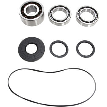 The Polaris Differential Bearing Seal Kit Front by Moose Offroad includes high-speed EMQ bearings, TC rubber seals, a circular gasket, and a black drive belt—all displayed on a white background.