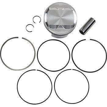 The Piston Kit by JE Pistons includes a silver forged aluminum piston, piston pin, two circlips, and four piston rings—all arranged on a white background for professional competition use.