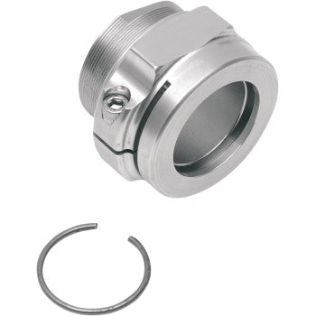 The Posi Lock Axle Nut 3 Piece YZF by Dura Blue features fine threads, a threaded end with a securing screw, and comes with a circular retaining ring.