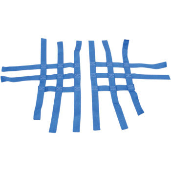The Nerf Bar Net Blue by Motorsport Products features blue woven straps in a grid pattern with open squares, ideal as a Nerf Bar webbing replacement.