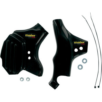 Two black Yamaha YFZ Frame Guards by Maier, made from high-density polyethylene with Maier USA logos. Includes mounting hardware: two metal washers, two rubber rings, and two black zip ties on a white background.