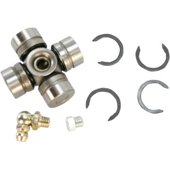 The Kawasaki Universal Joint Kit by All Balls includes four needle bearing caps, four retaining clips, a grease fitting, and a small bolt—compatible with Honda yoke assemblies and neoprene rubber boots.