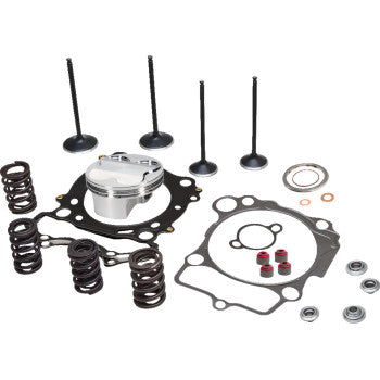 The Top End Service Kit by Kibblewhite includes four valves, a racing valve spring kit, pistons, gaskets, seals, and washers—expertly arranged on a white background.