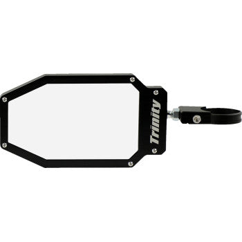 The Apex Side View Mirror Rectangle Black by Trinity Racing features a black frame, billet aluminum mounting clamp, and Trinity printed vertically on the side.