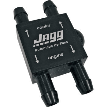 The Automatic By-Pass Valve by Jagg Oil Coolers is black, made from anodized billet aluminum, and features four labeled hose connectors (cooler/engine) plus directional arrows for fluid flow.
