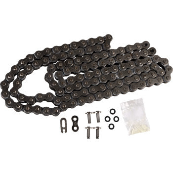 The 520 X1R Heavy Duty Drive Chain 116 Links by Jt Chains is displayed with connecting links, bolts, O-rings, and spare parts in a clear bag on a white background—perfect for motorcycle or power transfer chain needs.