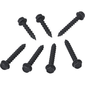 Seven Polaris Clutch Cover Screws by Moose Offroad with black hex heads are arranged in a circle on a white background, their points facing outward to showcase quality and precision.